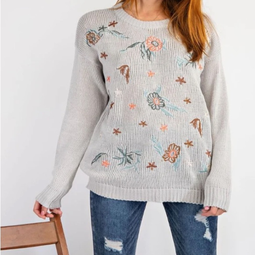 Easel Gray Blue and Brown Crew Neck Sweater with embroidered floral Design